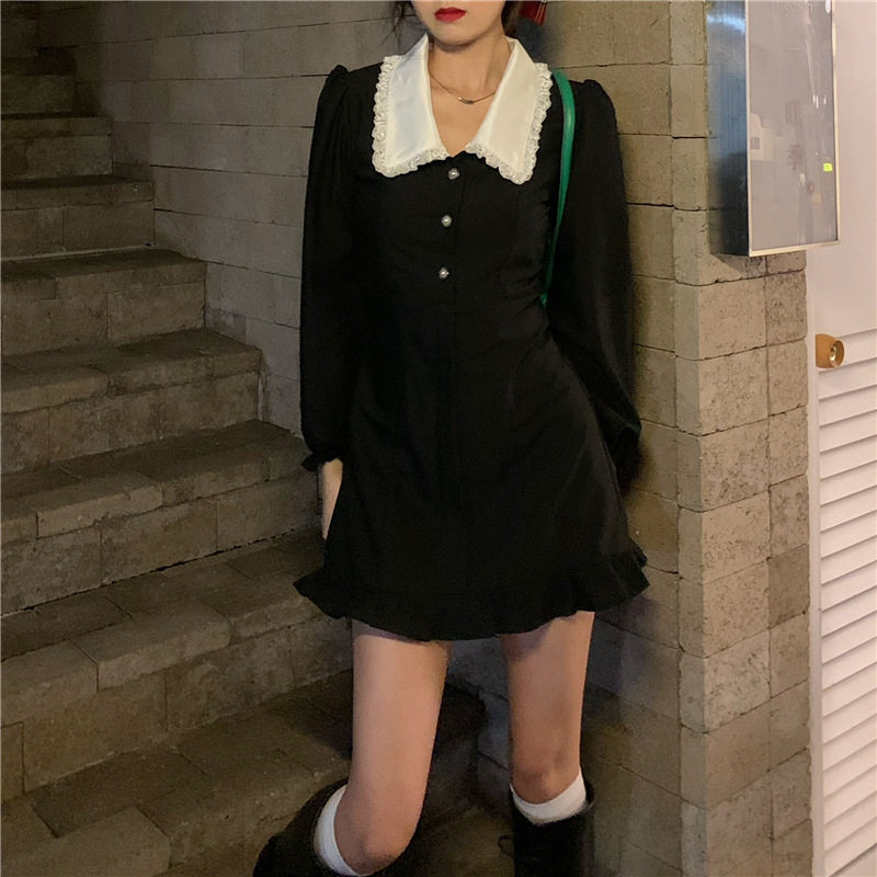 赫本风黑色秋冬小个子公主裙