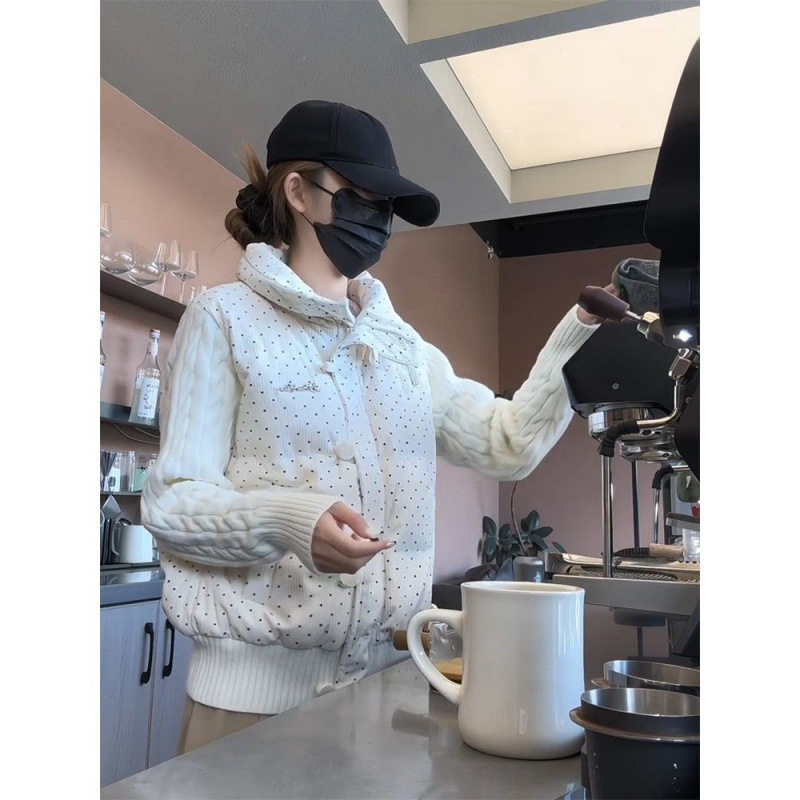 韩系波点拼接加厚短款棉服女