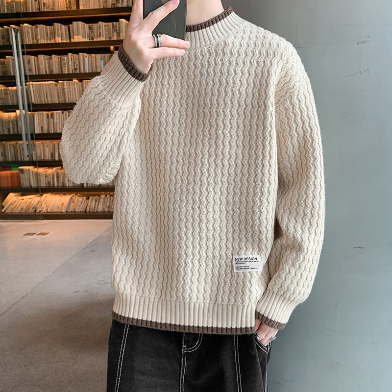 秋冬加厚男初中生半高领针织衫