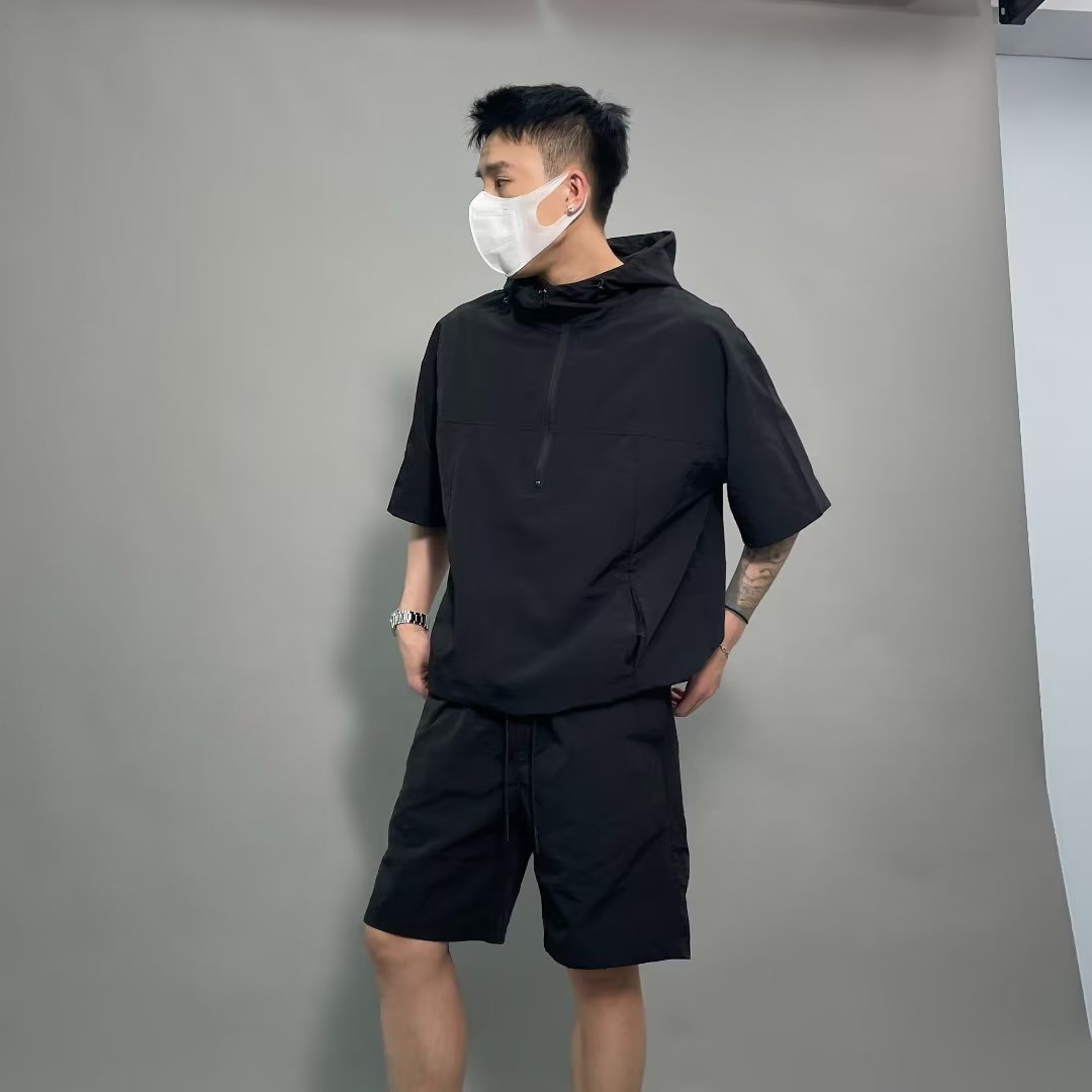 夏季男士日系风套装工装款短袖短裤休闲宽松外套衬衣薄款连帽卫衣