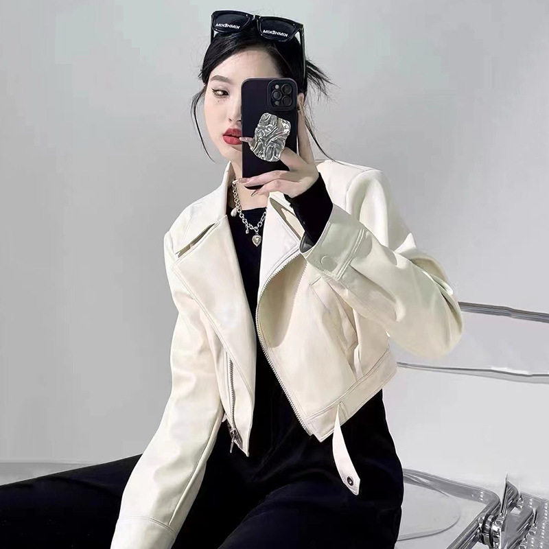 短款白色机车皮衣外套女2024春秋新款爆款小个子美式复古PU皮夹克