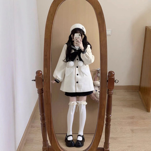 冬季新款可爱小个子学院加绒加厚蝴蝶结jk制服毛呢外套海军大衣女