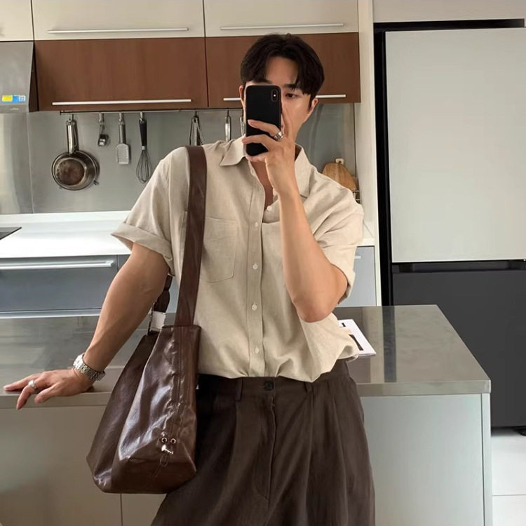 韩版老钱风亚麻短袖衬衫男夏季