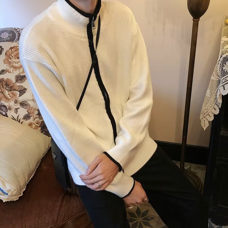 雅帅简约薄款针织开衫ins日韩男女半高领撞色中性风毛衣拉链外套