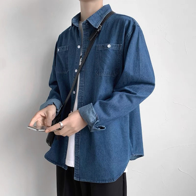 牛仔长袖翻领衬衫男春秋原宿风