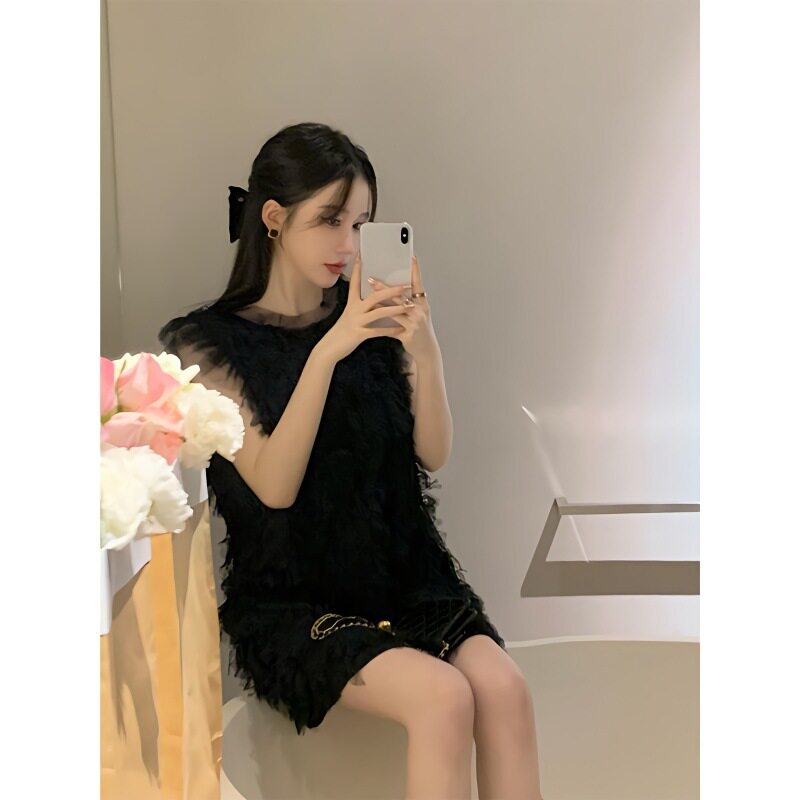 夏季无袖蕾丝羽毛A字短款连衣裙