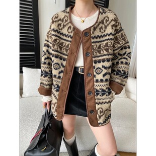 丽光冬意渐浓 美式复古拼接腰果花仿羊羔毛保暖加厚外套 SN8492