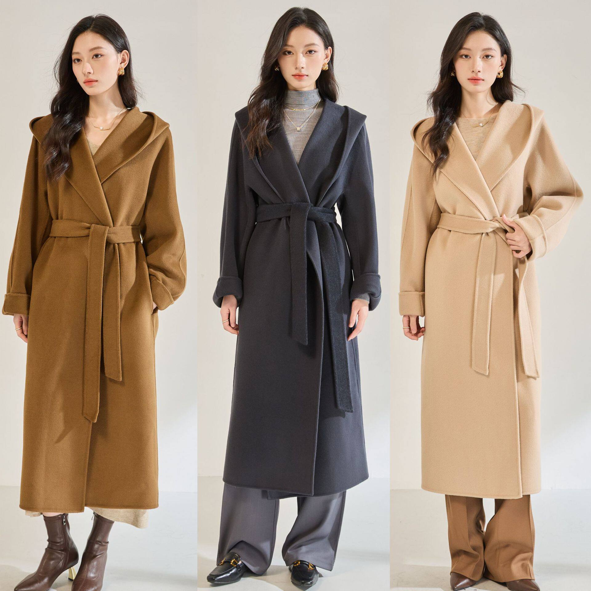 25秋冬新款休闲时尚宽松翻领浴袍长款连帽双面呢大衣外套女22672