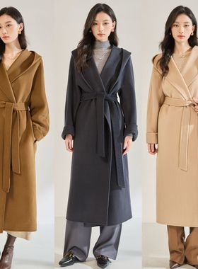 25秋冬新款休闲时尚宽松翻领浴袍长款连帽双面呢大衣外套女22672