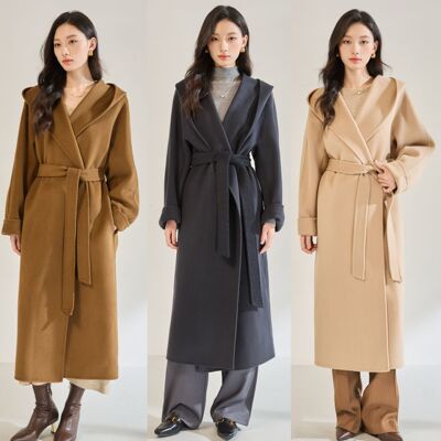 25秋冬新款休闲时尚宽松翻领浴袍长款连帽双面呢大衣外套女22672