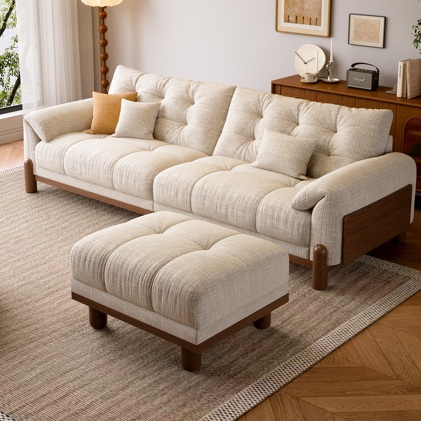 中古风可拆洗实木布艺沙发直排