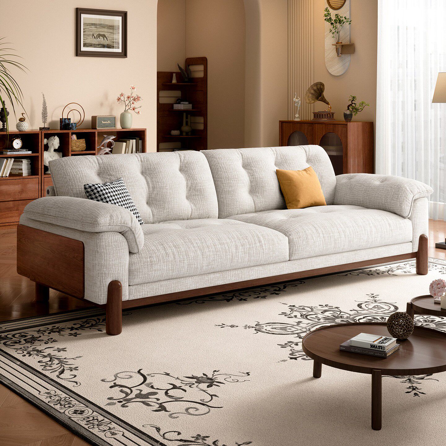 中古风实木云朵沙发小户型客厅直排胡桃木布艺沙发雪尼尔可拆洗