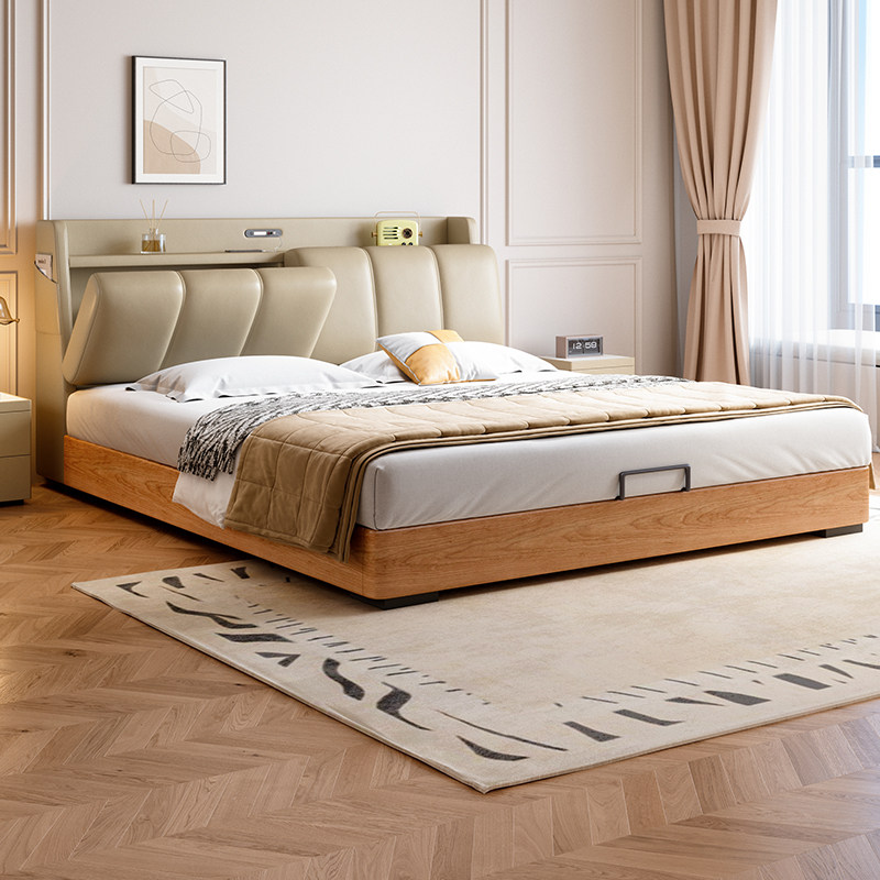 意式头层牛皮多功能储物真皮床大小户型主次卧双人现代简约皮艺床