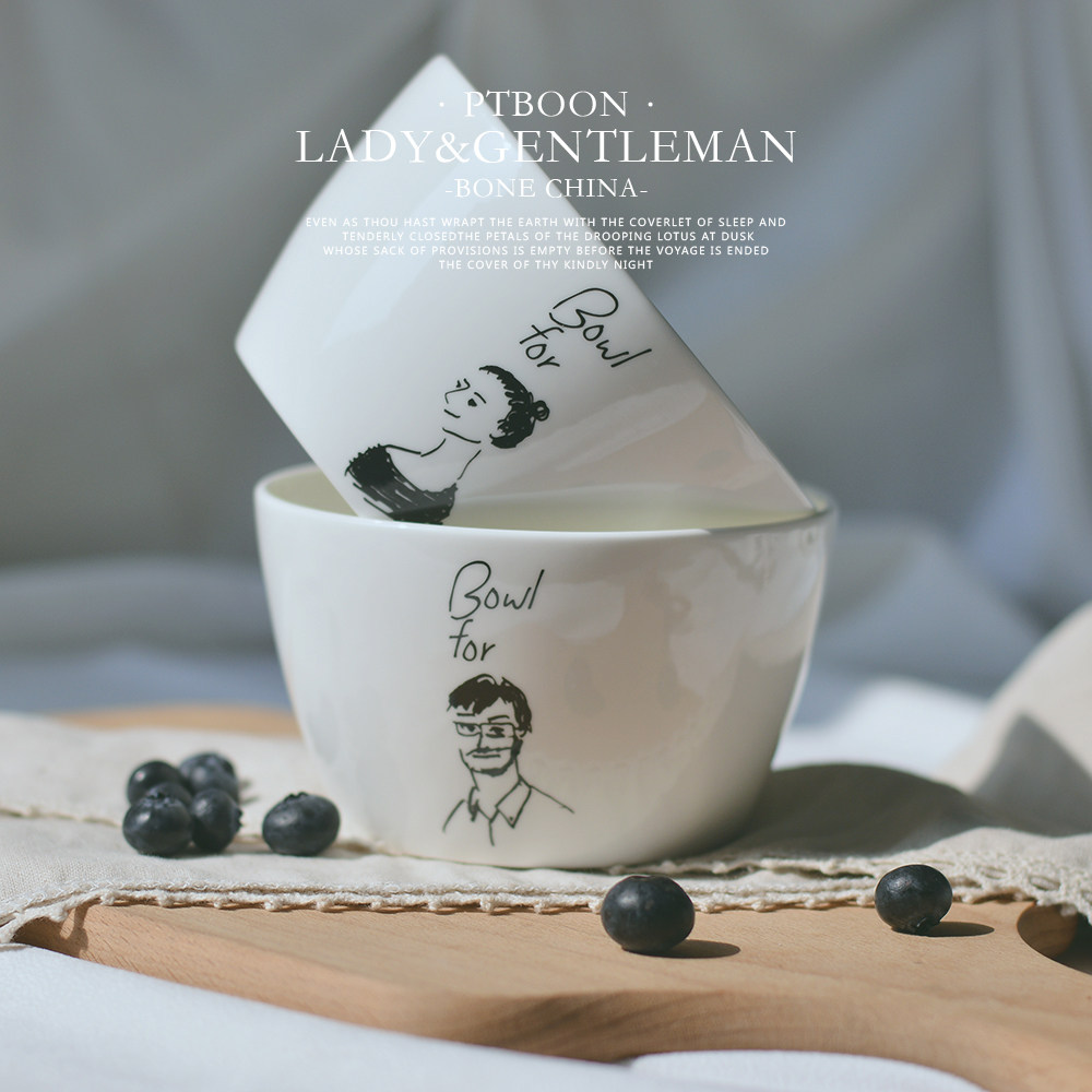 日本同款 男女头像4.5寸骨瓷碗早餐碗陶瓷沙拉碗创意个性情侣餐具