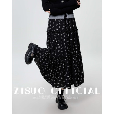 黑色碎花半身裙女春秋202