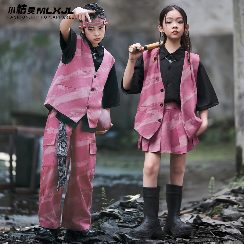 街舞儿童潮服夏男童hiphop演出走秀舞台西服套装女童爵士舞表演服