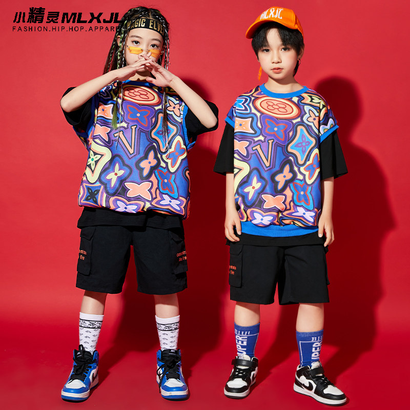 潮童时髦男童炫酷夏装新女童帅气短袖衣服架子鼓儿童嘻哈街舞套装
