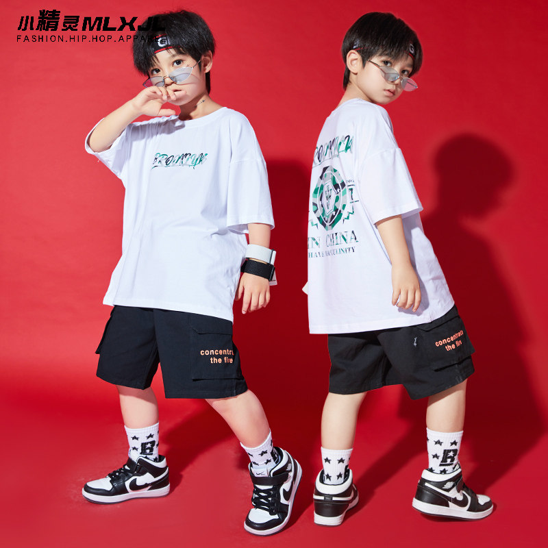 儿童街舞套装夏迷彩元素印花短袖潮酷男童嘻哈hiphop演出衣服洋气