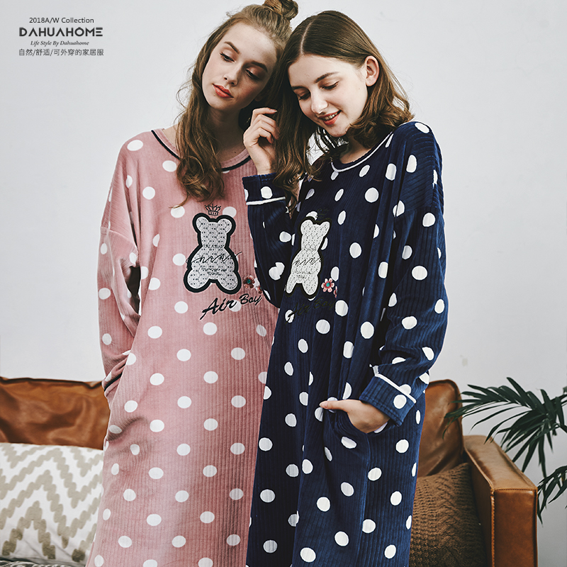 珊瑚绒中长款少女风秋季印花睡衣