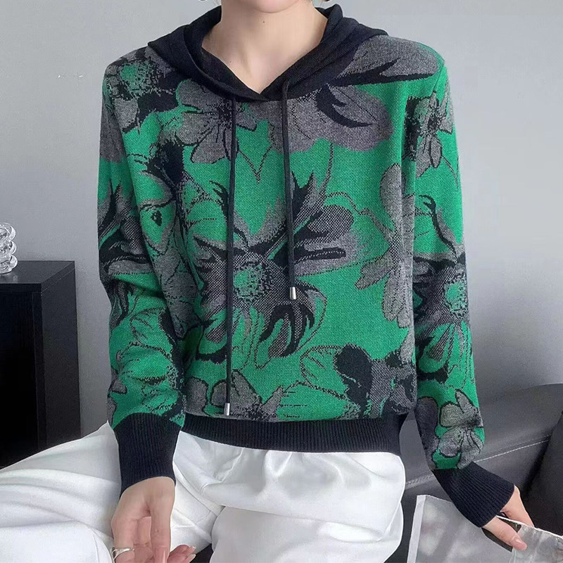 春秋新款韩版外穿宽松提花连帽卫衣针织毛衣妈妈女时尚打底衫上衣
