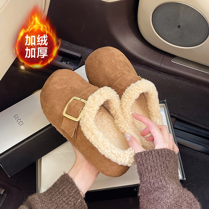 厚底棉拖鞋女加绒加厚半拖毛毛鞋