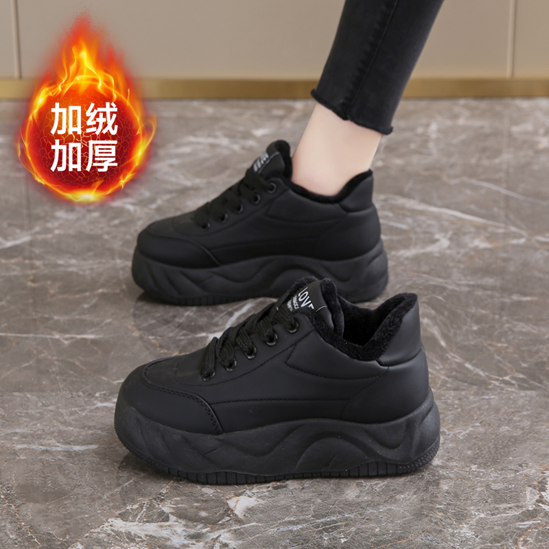 全黑色加绒老爹鞋女防水软底