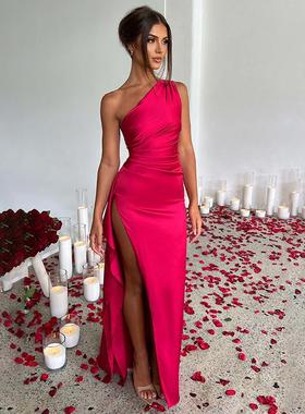 Sexy slim sloping shoulder slit dress 性感修身斜肩开叉连衣裙