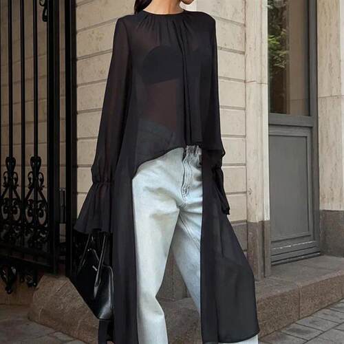 Fashion Women欧美女士衬衣黑色半透圆领长袖宽松衬衫时尚设计感