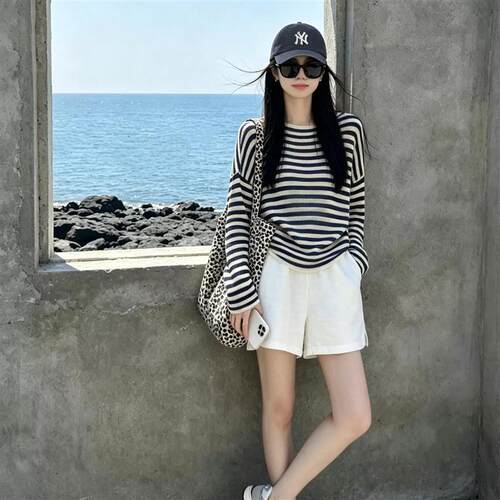 黑白条纹防晒长袖T恤女2026年新款夏季宽松慵懒松弛感针织衫上衣