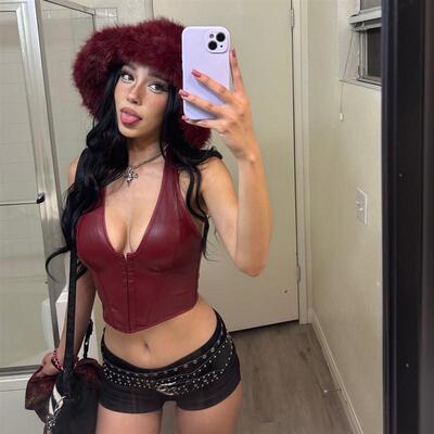 KKX欧美性感辣妹风PU彷皮革前排扣低胸露腰挂脖鱼骨短款胸衣背心