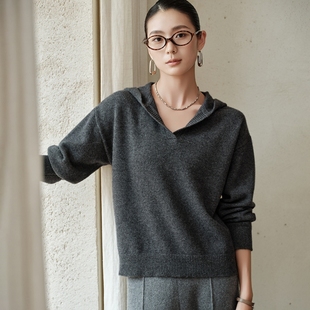 女款 秋冬季 女100%纯羊绒V领连帽毛衣纯色针织打底帽衫 新款 羊绒衫