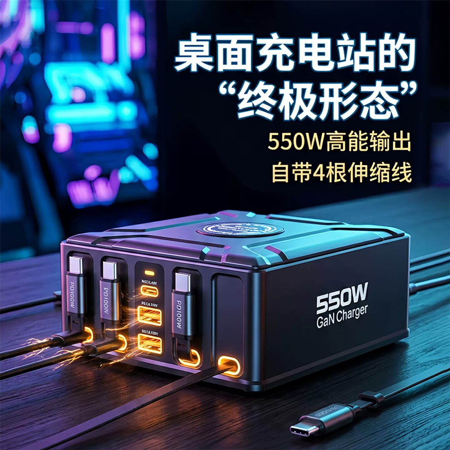 550W氮化镓磁吸伸缩线桌面充电站图片