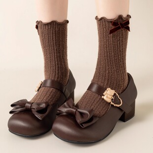 可爱花边蝴蝶结lolita袜子女秋冬保暖堆堆袜搭配抱抱熊甜美中筒袜