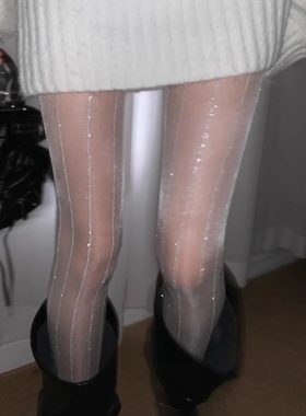 跨年银丝闪闪纯欲白色连裤袜女竖纹细线超薄女生打底袜复古灰色