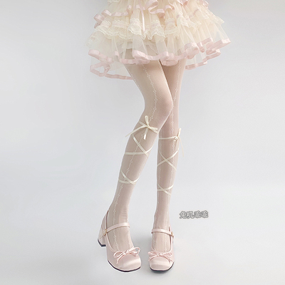 lolita蝴蝶结绑带连裤袜白丝袜薄