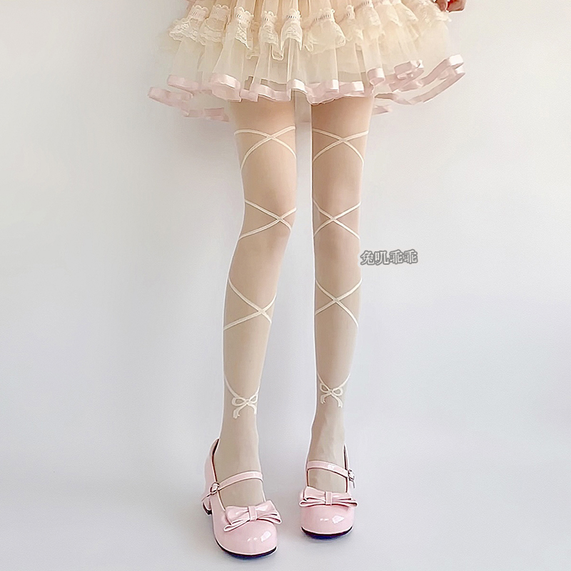 lolita白丝连裤袜女蝴蝶结夏季薄款洛丽塔纯欲黑色丝袜假绑带提花
