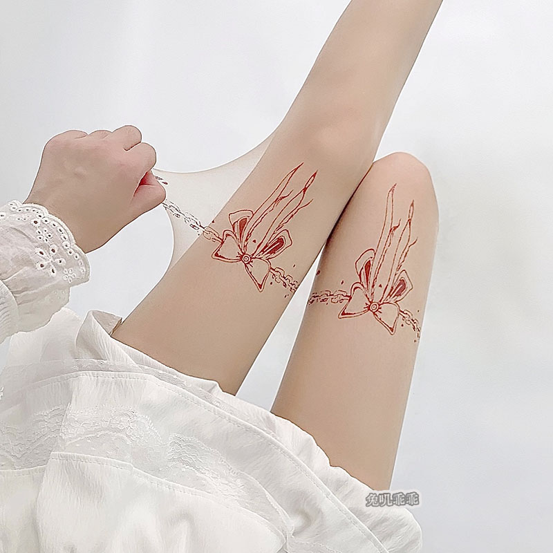 薄款蝴蝶结印花黑丝袜纯欲肤色连裤袜白色lolita过膝袜子女春秋