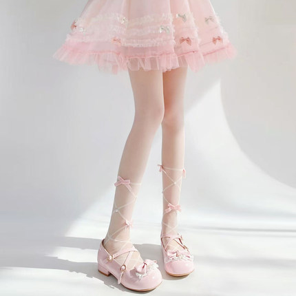 lolita甜美蝴蝶结白丝袜春夏薄款芭蕾风jk黑丝袜少女萝莉连裤袜子