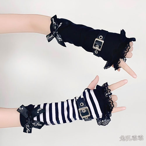 y2k亚文化甜酷蕾丝花边露指袖套黑白条纹蝴蝶结朋克jk洛丽塔袖套