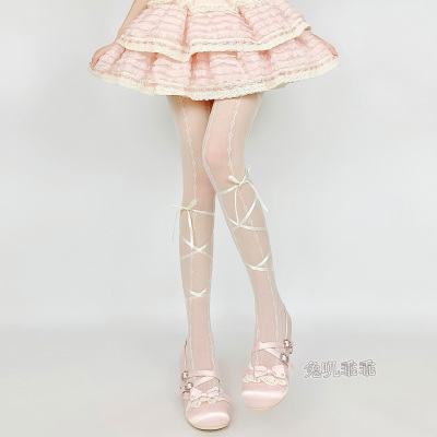 奶白色甜美蕾丝lolita连裤袜子女
