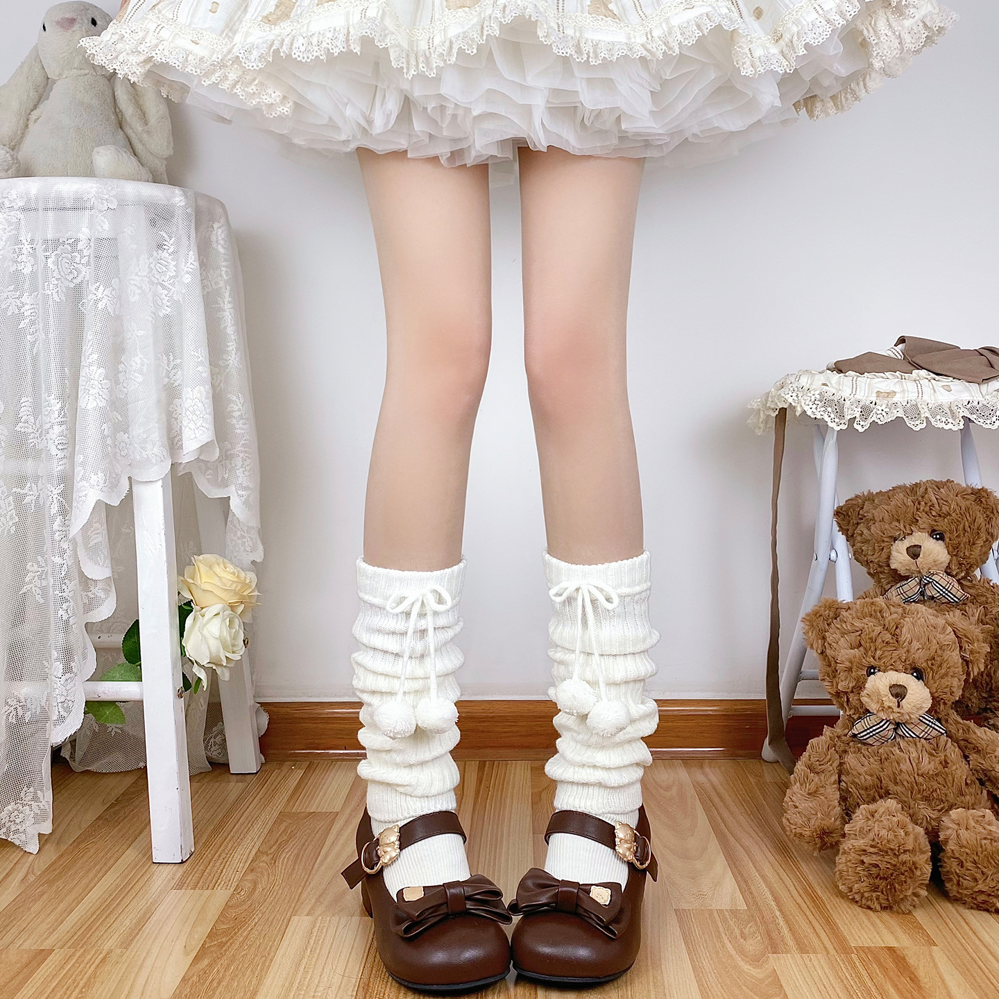 奶白堆堆袜女秋冬可爱毛球咖棕色腿套lolita甜美蝴蝶结中筒jk袜套