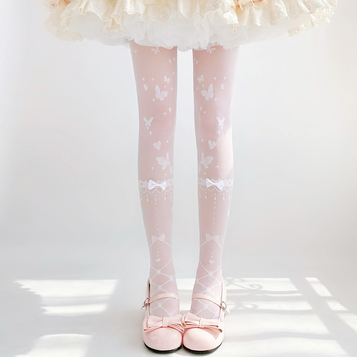 洛丽塔白色连体丝袜女甜美蝴蝶结lolita花屿夜之蝶芭蕾风连裤袜子