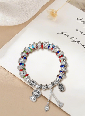 盘缠手串彩色珠宝宝佛吊坠圆珠银手链个性小众送礼物盘缠手链创意