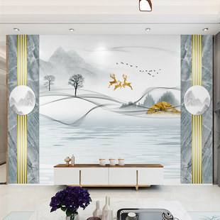 自粘墙贴山水画现代简约壁画轻奢客厅沙发电视背景墙壁纸墙纸定制