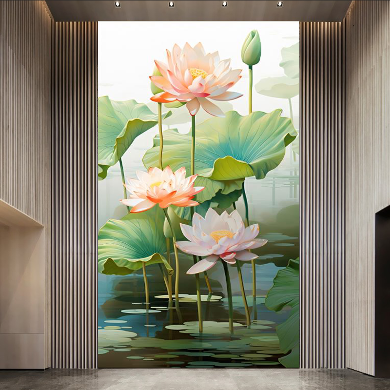 自贴墙贴纸玄关新中式荷花图招财壁画客厅走廊净秽莲花装饰画竖版