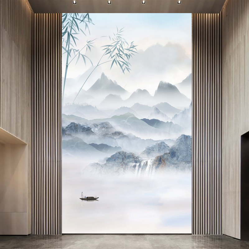 自粘壁画新中式流水生财水墨山水画客厅走廊玄关装饰画风水墙贴画图片