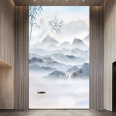 自粘壁画新中式 饰画风水墙贴画 流水生财水墨山水画客厅走廊玄关装