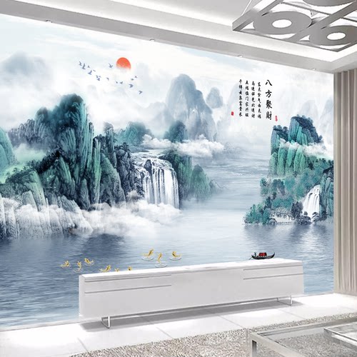 新中式山水画自粘墙贴画