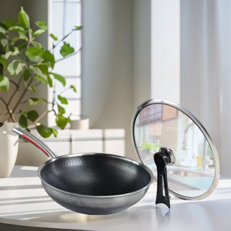 康尼菲炒锅不粘锅家用316不锈钢锅无涂层双面纹煎锅无油烟通用灶