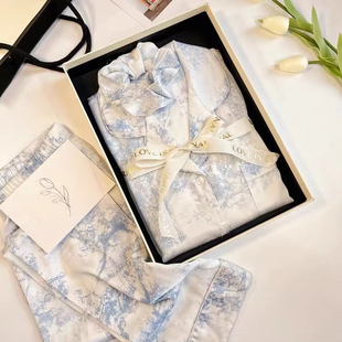 水墨画夏天冰丝凉爽女士睡衣女春秋长袖长裤甜美仿真丝家居服套装